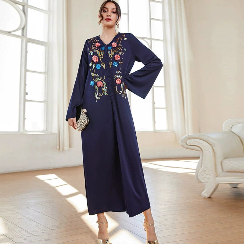 

New Elegant Luxury Sequins Embroidery Flower Gown Women Long Dress Islamic Moroccan Kaftan Middle East Abaya V-neck Autumn Dress