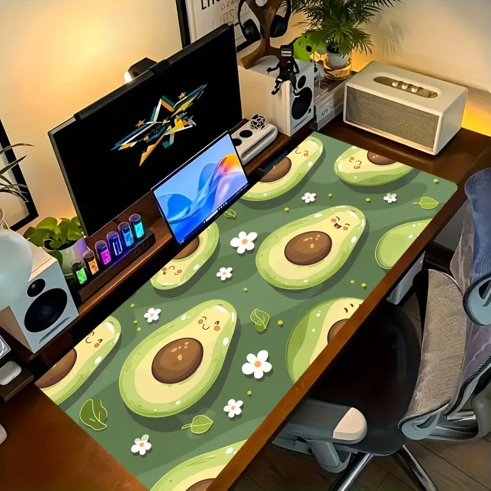 Kawaii Smiley Avocado Mouse Pad Cute Green Fruit Leaf Large Desk Mat Non-Slip Rubber Keyboard Mat for Computer Girls Home Office
