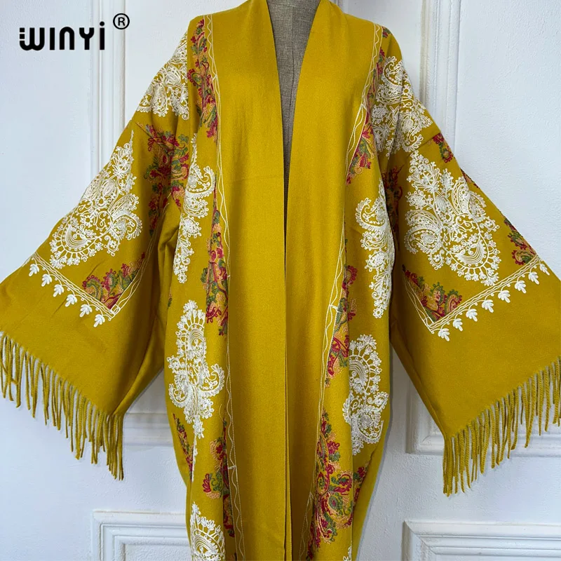 WINYI kimono Embroidered tassel long down cardigan winter coats for women abaya dubai luxury elegant dresses womens outerwears