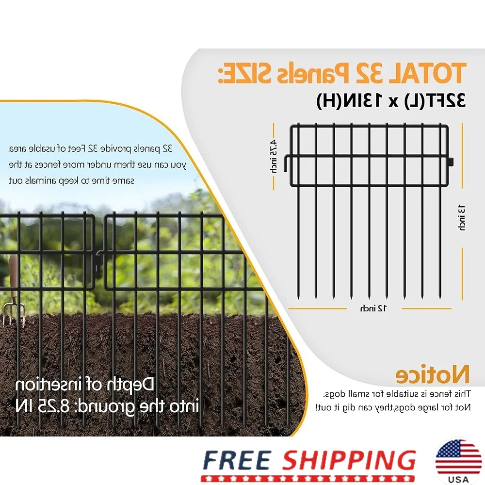 

32 Panels Animal Barrier Fence No Dig 32ft Ground Defense Metal Fencing Dogs Rabbits Squirrels Easy Setup Garden Protection