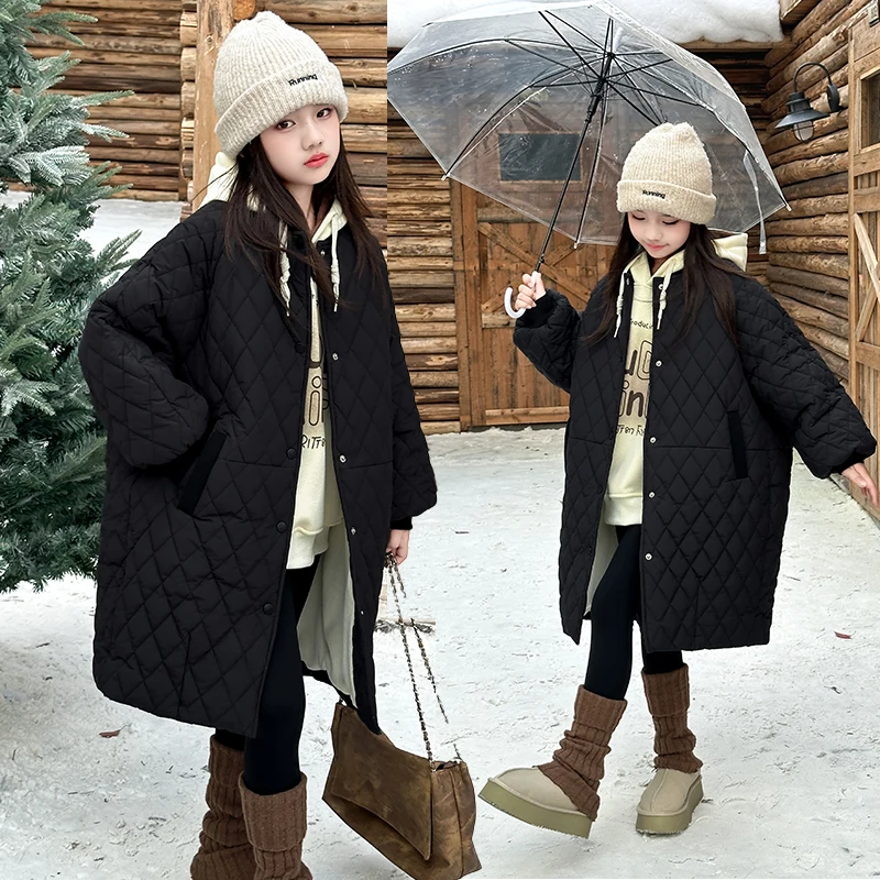2025 AW جديد البند 4-14Y الفتيات معطف مبطّن اليابان الكورية موضة سميكة طويلة أسفل سترة المتضخم الشتاء معطف دافئ للأطفال