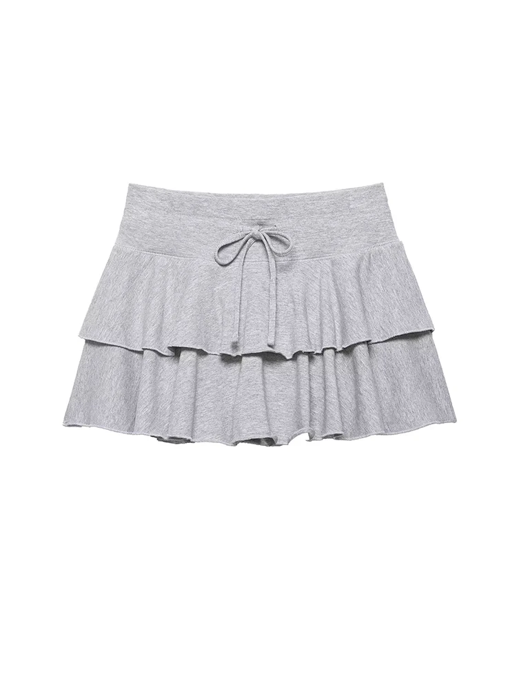 HH Women's Y2K Gray Tiered Ruffle Mini Skirt, High Waist Drawstring Flowy Skirt, Cute Summer Casual Streetwear & Going Out Skirt