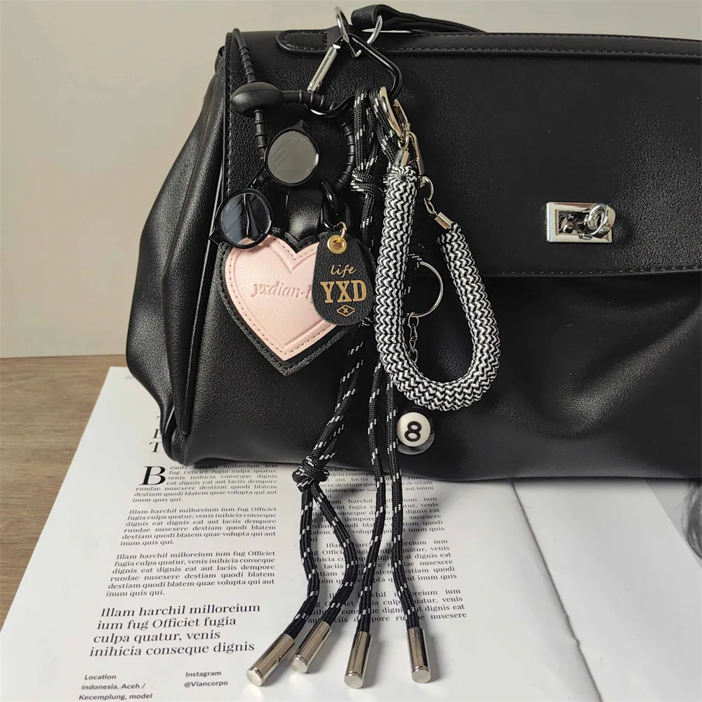 Fashion Creative Lucky Billiard Black No.8 Ball Key Chain Weaving Colorful Rope Bag Hanging Trendy Bag Hanging Jewelry Gift