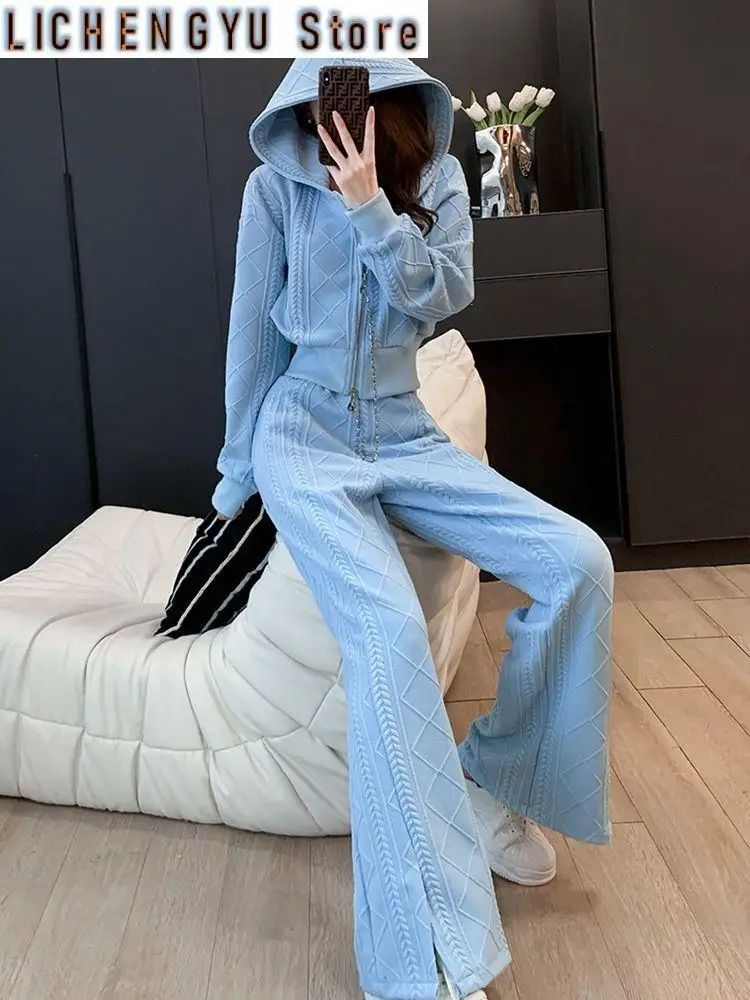 New Loribindwood Fashion Casual Suit Women's Spring Autumn Modern Age Reducing Sport Hoodie Wide Leg Pants Two Pieces