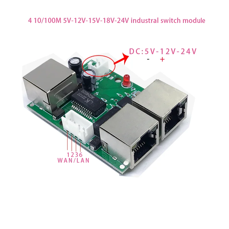 Mini module de commutation Ethernet, PCBA, 4ports, Networkmini, 10 Mbps, 100Mbps, 5V, 12V, 15V, 18V, 24V