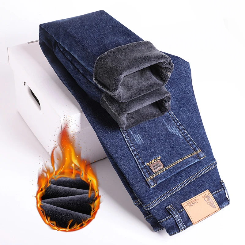 New Winter Men Fleece Warm Jeans Classic Style Business Casual Thicken Velvet Slim Denim Pants Brand Trousers Male Size 28-42