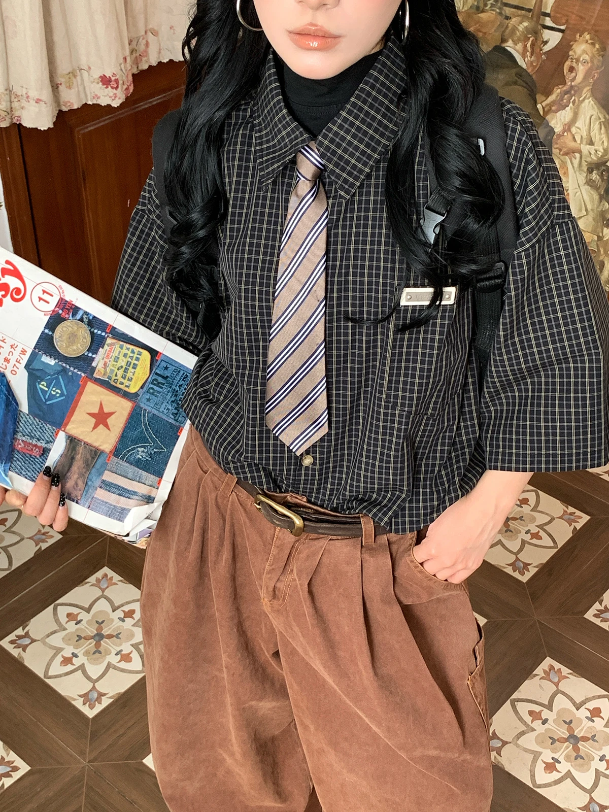 

Повседневная свободная рубашка в клетку для мужчин и женщин в университетском стиле, винтажный дизайн, дышащая, удобная, с рукавом три четверти