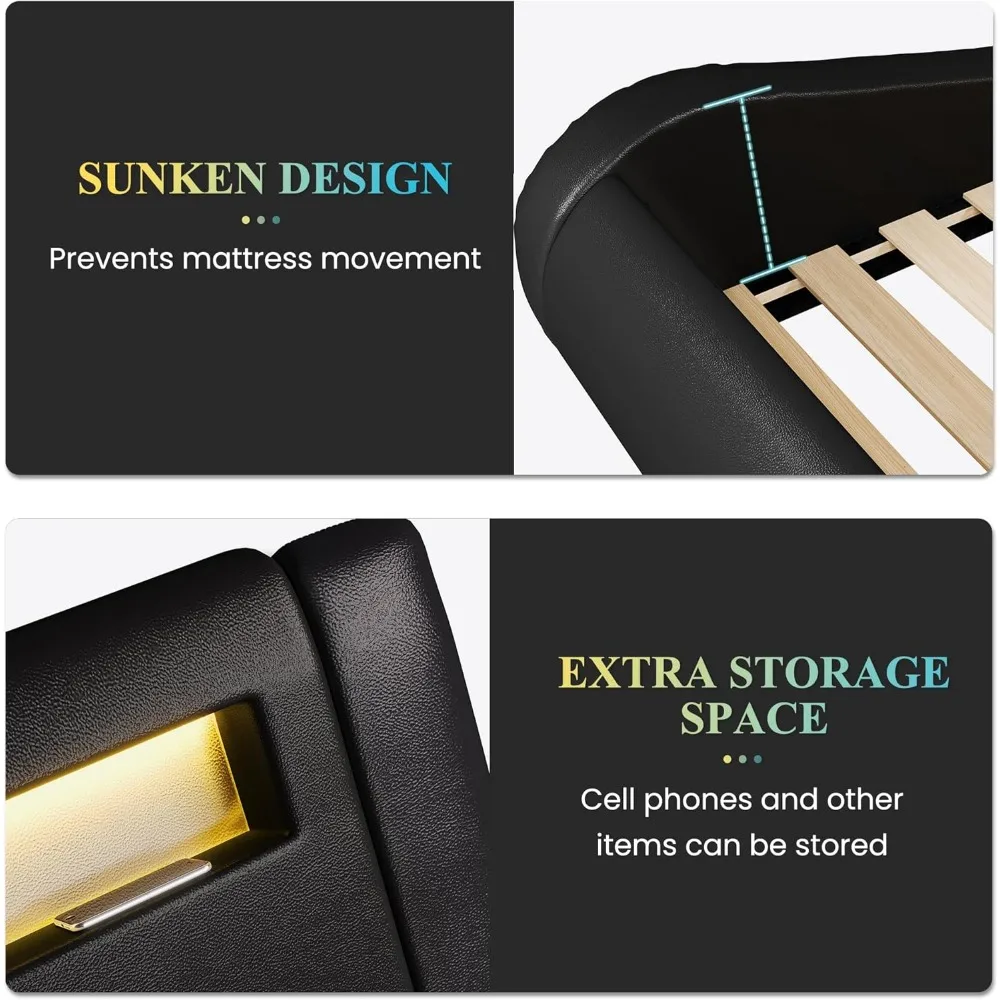 Low Profile Sleigh Style Queen Bed Frame with Adjustable Headboard, Wood Slat Support and Mattress Foundation