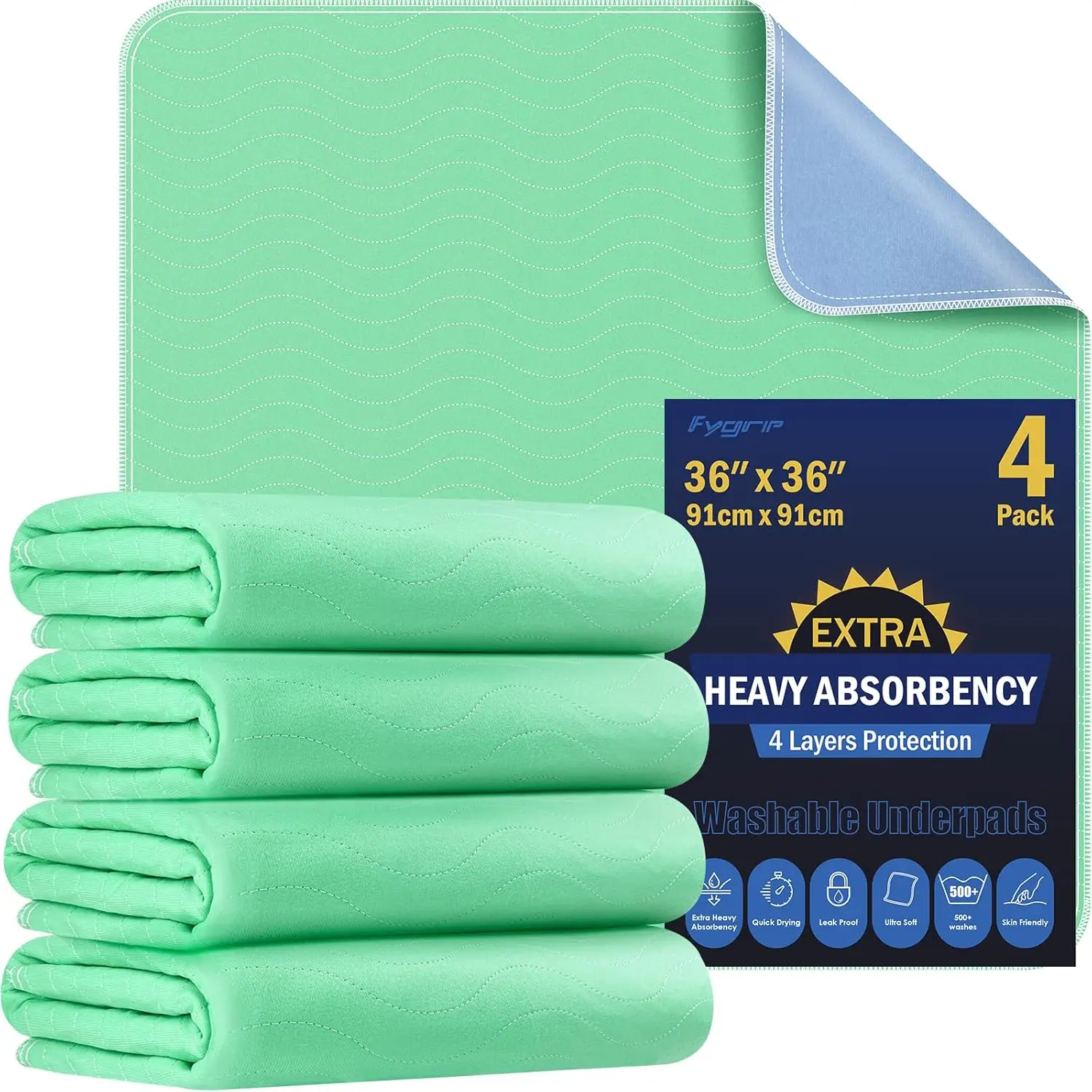 

4 Pack 36" x 36" Heavy Absorbency Washable Underpads, Waterproof Quick Drying for Incontinence, Dogs & Adults, Green