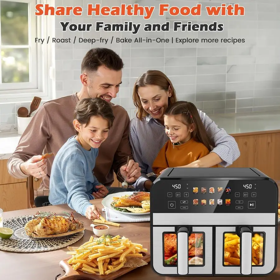 مقلاة هوائية مزدوجة السلة، فرن مقلاة هوائية رقمية 12 بوصة مع نوافذ مرئية، 5QT x 2 درج، لوحة OneTouch LED، لمسة نهائية مزامنة، Dehy #5