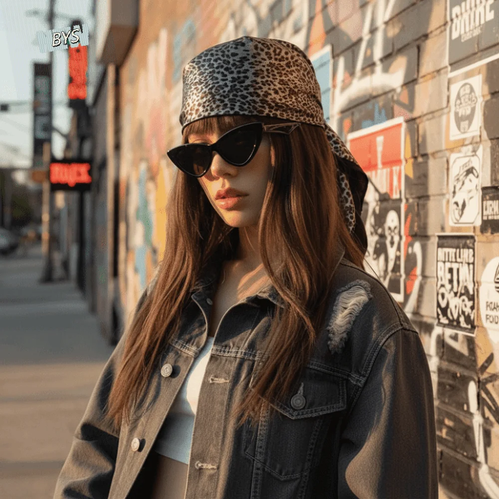 

Elegant Printed Triangle Scarf Spicy Girls Y2K Leopard Print Silk Scarf Hip Hop Glossy Silk Punk Bandana Vacation