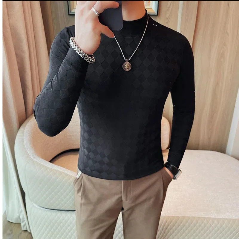 Korean Fashion Men Clothing New T-Shirts Autumn Winner O-Neck Solid Plaid Mock Neck Trend Versatile Casual Long Sleeve Slim Tops
