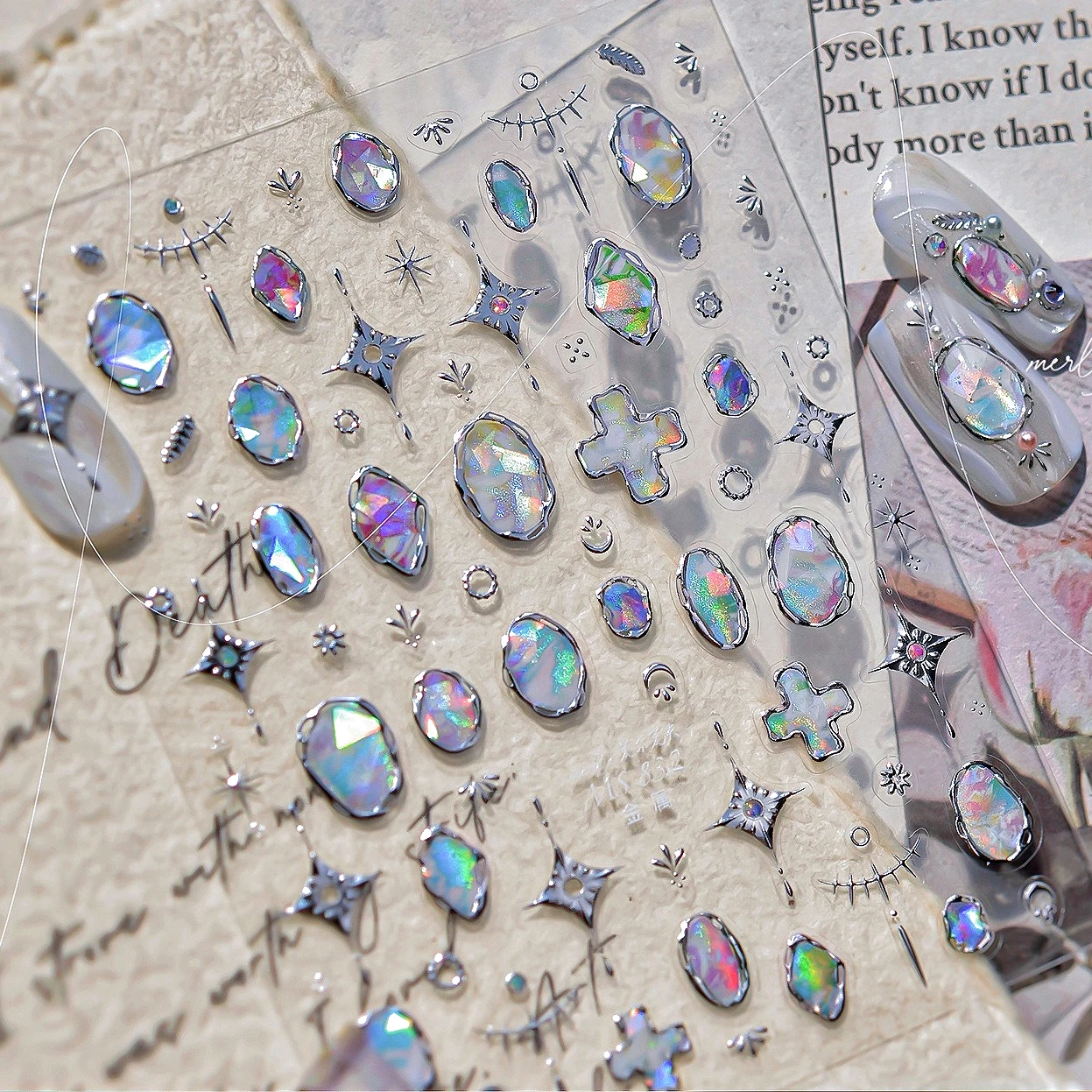 

Geometric Shiny Gemstone Star Vintage Photo Frame Irregular Clock Metal Block Planet Moon Heart Laser Nail Art Stickers Decals