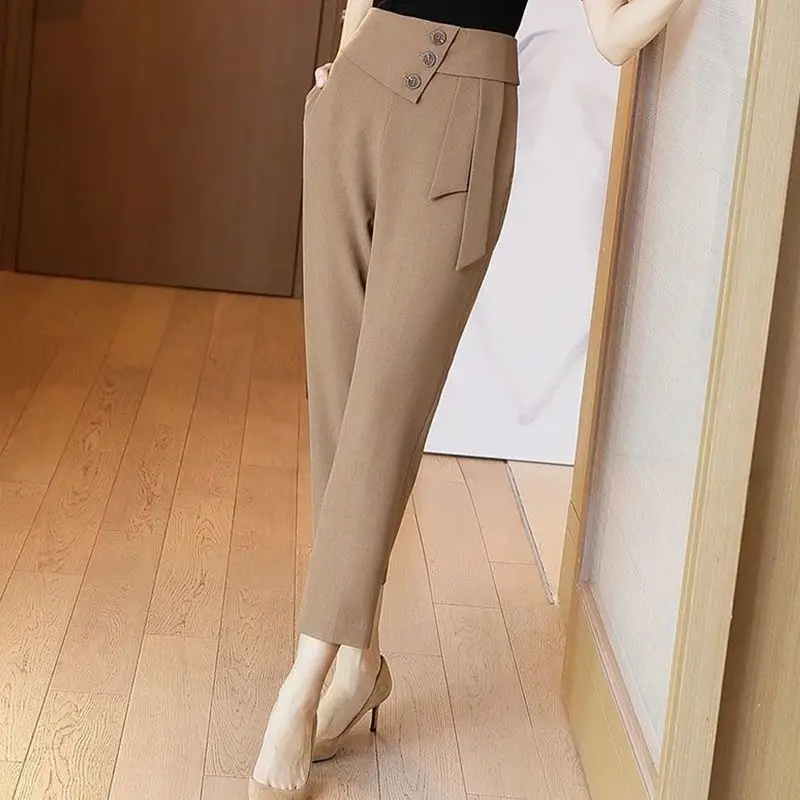 Simplicity Office Lady Summer Suit Pants Thin Women Solid Pockets Button Zipper High Waist Chic Slim Haren Ankle Length Trousers