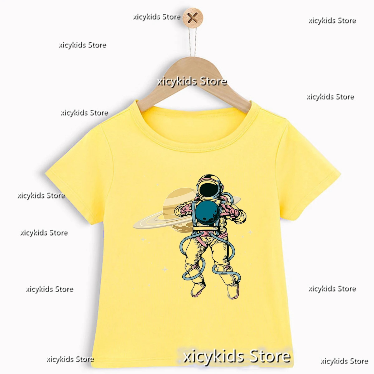 Astronaut Moon Graphic Printed Boys T-shirt Cute kids Clothing Summer Short sleeved Top Fashion Funny Boys Yellow T-shirt Top