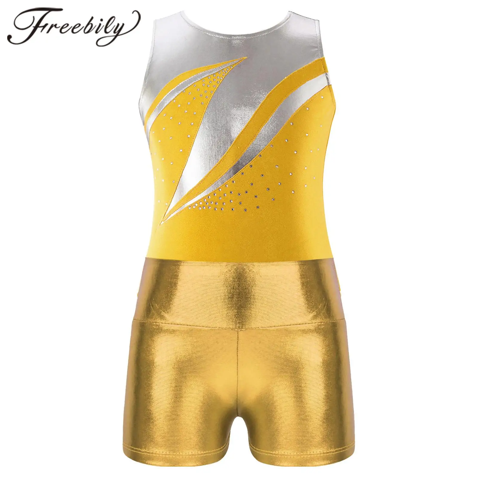 

Kids Girls Metallic Sleeveless Patchwork Dance Leotard + Shorts Dancewear Gymnastics Jumpsuit for Girls Children Ballet Outfit