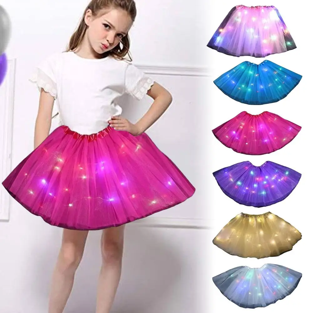 LED Glowing Girls Tutu Skirts With Neon Light Glow Princess Ballet Stage Dance Short Dress For Kids Fairy Party Costume Gif E8E9