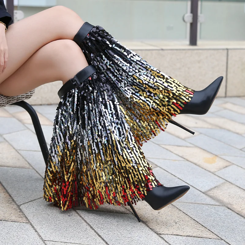 

Stilettos 12cm Thin Heels Motorcycle Knee-High Boots Shinny Sequins Shoes Woman Zipper Botas Dress Catwalk Shows Pumps