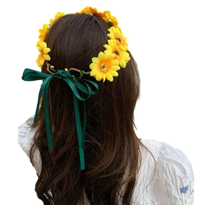 39BD Realistische Sonnenblumen Girlande Stirnband Böhmischen Krone Kopfschmuck Tiaras Haarband Frauen Hochzeit Party – Detail 4