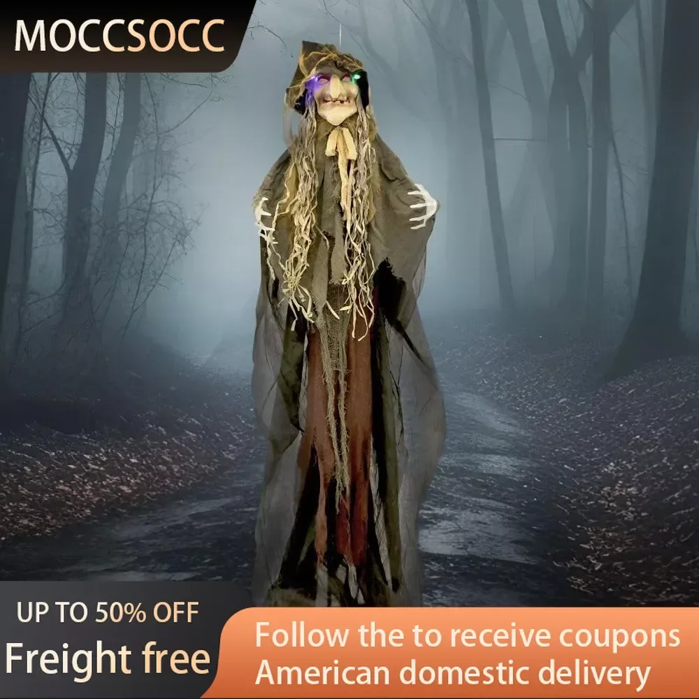 Life-Size Scary Poseable Scarecrow Witch Prop With Touch Activated Lights and Sound Outdoor Decorations Decor Home Garden