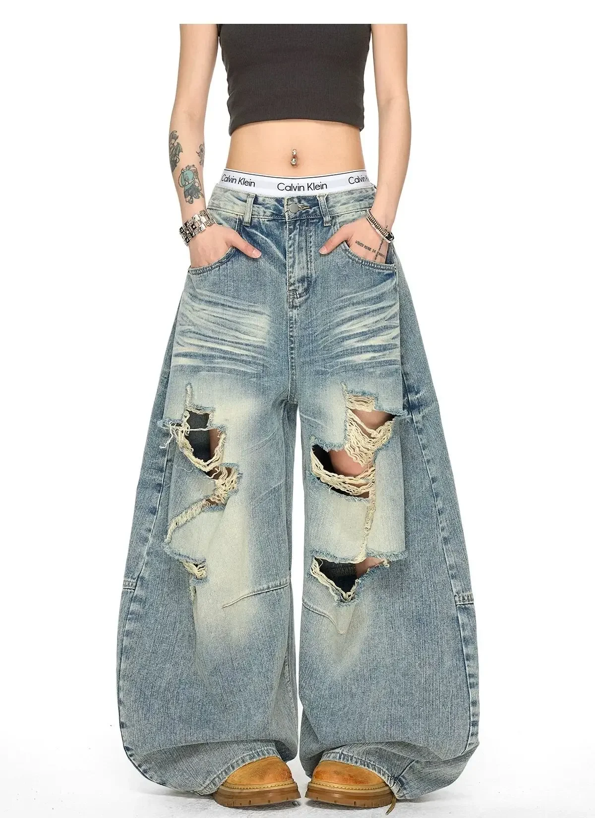 Y2K Washed Distressed Curved Jeans Loose Wide Leg Floor Pants Thin Casual Summer Retro for Men and Women