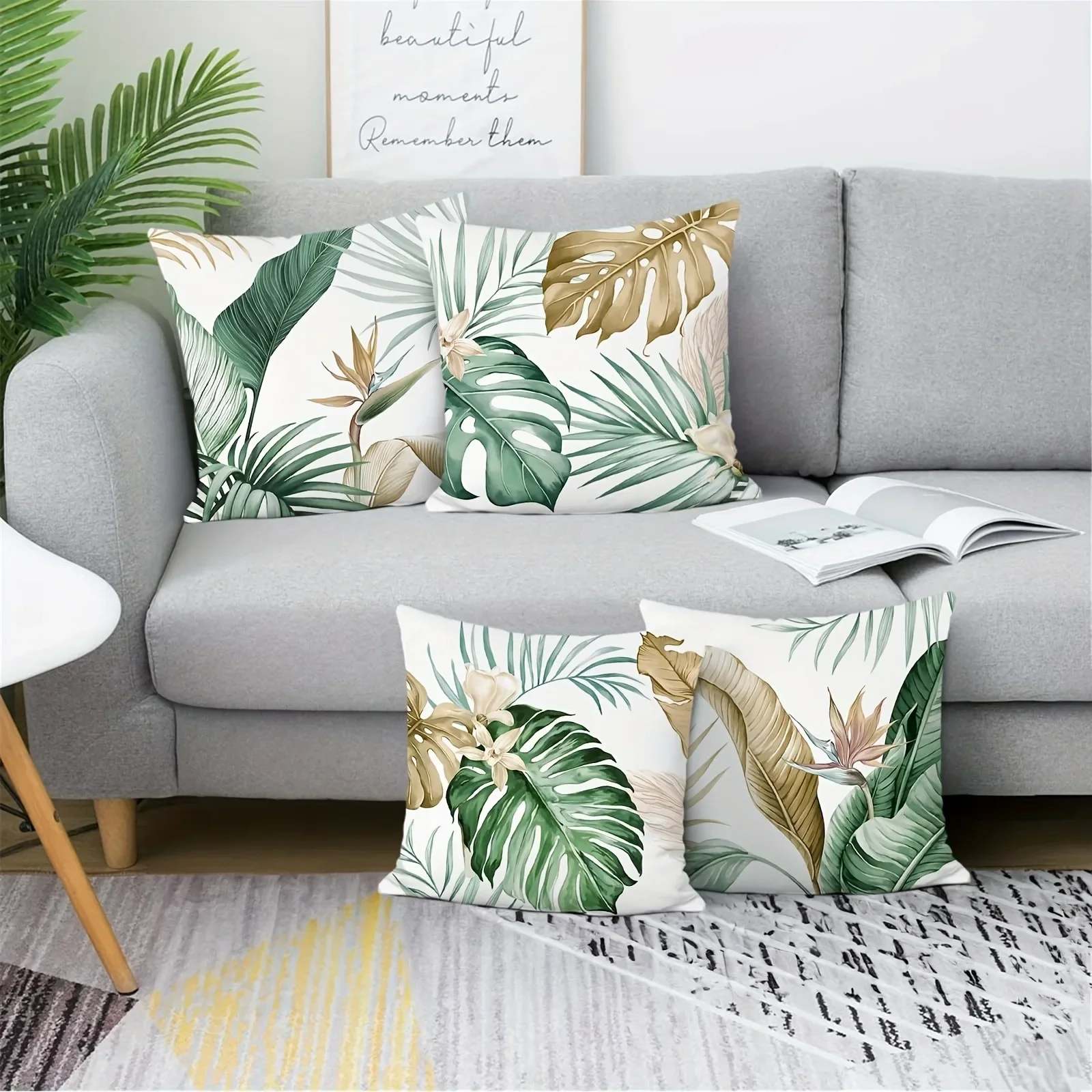 Golden Green Palm Leaf Decorative Pillowcase, Ultra-Soft Polyester Material Living Room Sofa Back Car Pillowcase Home Decoration