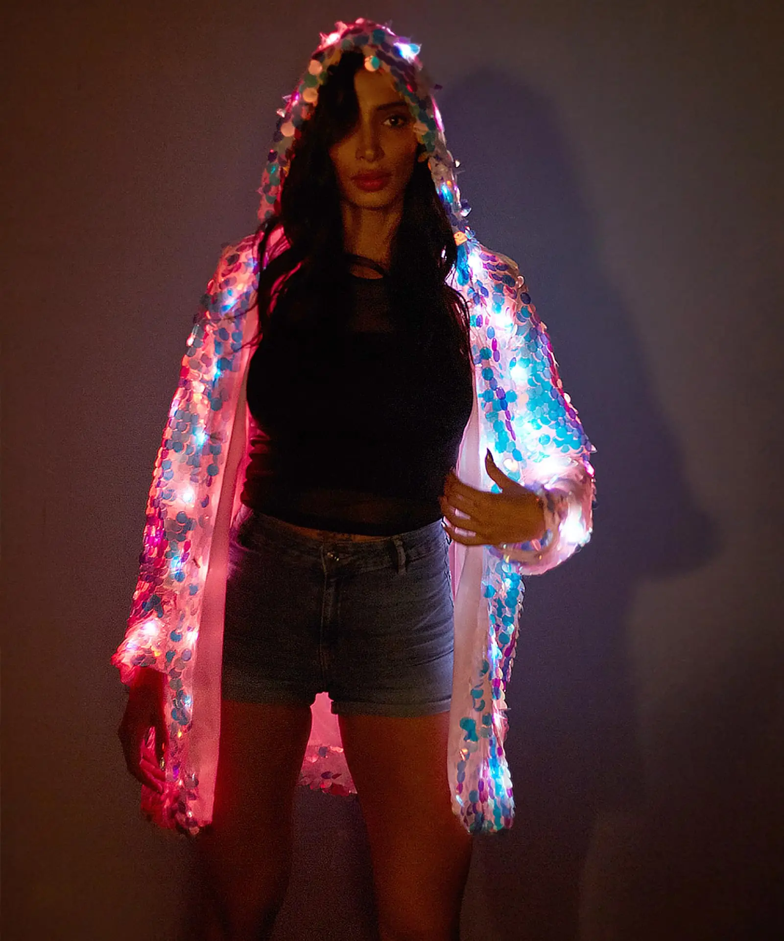 New Sequin LED Costume Personality Hooded Long Sleeve Flash Clothing Women Fashion Party Festival Performance Light Costume