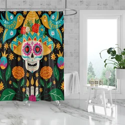 1PC Mexican Day of The Dead Shower Curtain with 12 Hooks 71x71 In Bathroom Decor for Hotel and Home Machine Washable