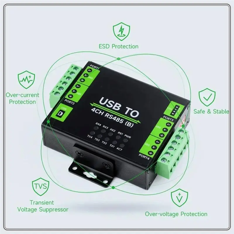 

Reliable-Industrial Isolated USB To 4Ch RS485 Converter (B) 26545 CH344L Chip, Multi Protection Circuits, Multi Systems Support,