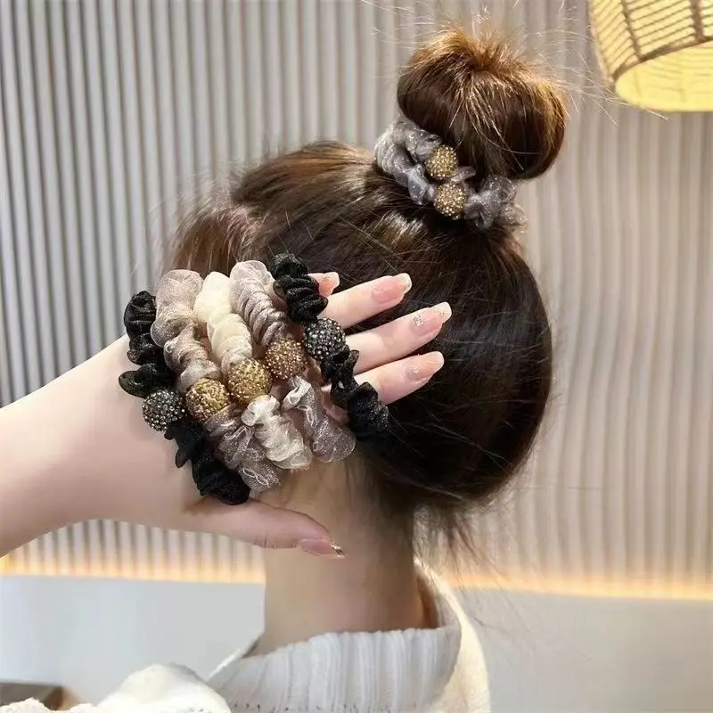 5PCS Women Organza Rhinestone Hair Band Set Simple and Elegant High Ponytail Hair Tie 2024 New High-End Pleated Scrunchie