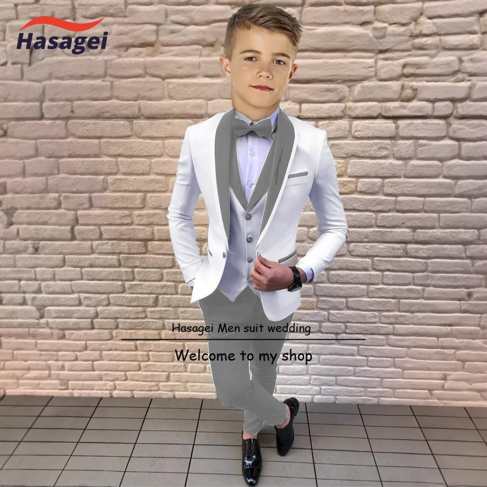 Suit for Boys White Jacket Green Collar Three Piece Wedding Kids Tuxedo Formal Party Clothes 2-16 Years Old Children