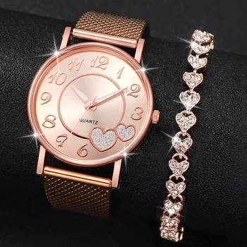 2 adet/takım moda kalp arama kadın's Quartz saat ile Rhinestone bilezik plastik bant Analog bilek saatler