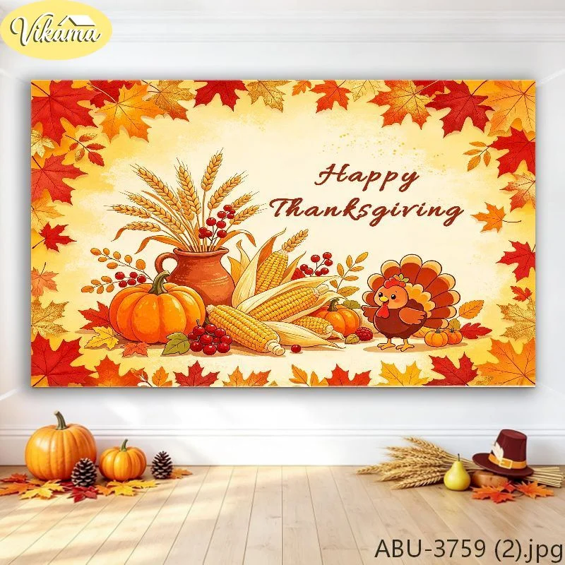VIKAMA Thanksgiving Tapestry Wall Hanging Give Thanks Lord Cartoon Scarecrow Corn Pumpkin Apple Kids Decor
