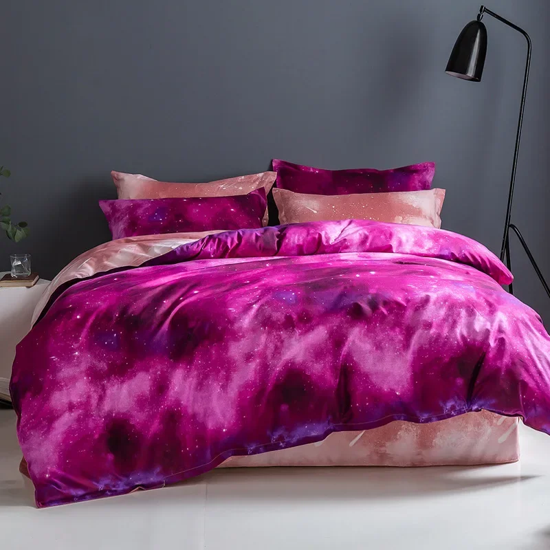 3Pcs Starry Sky Galaxy Printing Bedding Sets Skin-Friendly Sanding Quilt Cover Pillowcase Comfortable Colorfast Home Textile