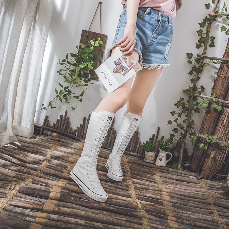 Summer High Top Women\'s Shoes Knee High Boots Side Zipper Flats Vulcanized Shoes Lace-Up Comfortable Platform Sneakers Female