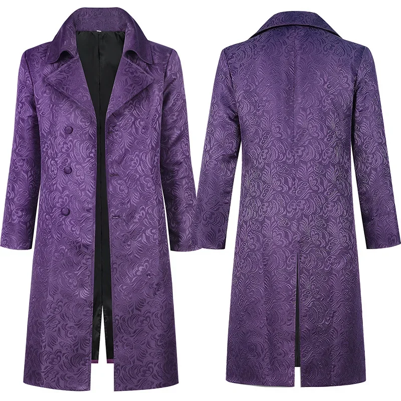 Adult Men Cosplay Costume Halloween Joker Medieval Jacket Elegant Purple Jacquard Overcoat Long Coat with Notched Collar