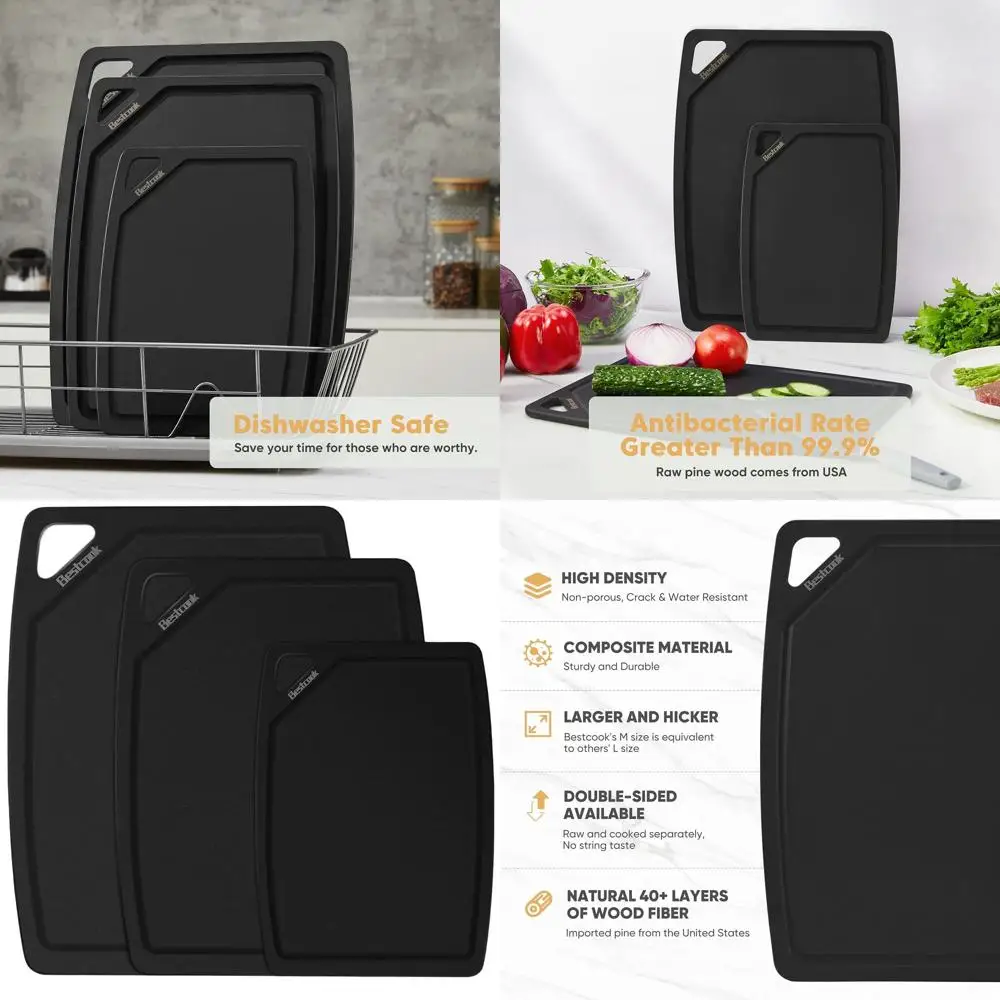

Set of 3 Wood Fiber Composite Chopping Boards with Juice Groove, Dishwasher Safe, Non-Toxic, BPA-Free, Non-Porous, Non-Slip for