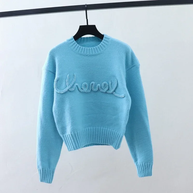 Autumn Winter New Pullover Sweater Women Design Sense Letter Knitted Beaded Round Neck Short Simple Female Knitted Top