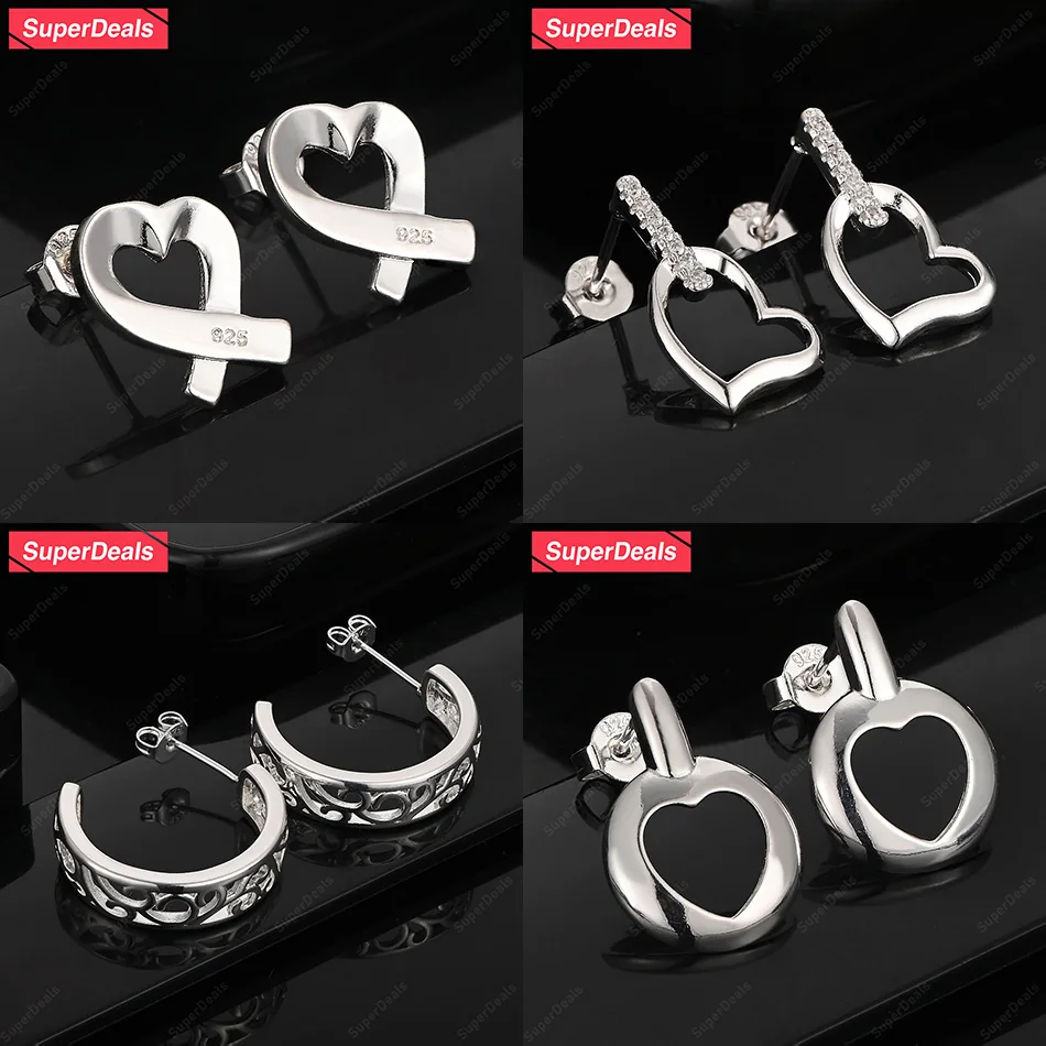 

SuperDeals 925 Sterling Silver Heart Hollow Half Round Stud Earring Women Charm Fashion Party Engagement Wedding Party Jewelry