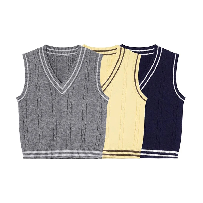 ABRINI Women Autumn Preppy Style V-neck Striped Knit Vest Vintage Sleeveless Sweater Vest Winter Worn Outside Loose Sweater Tops