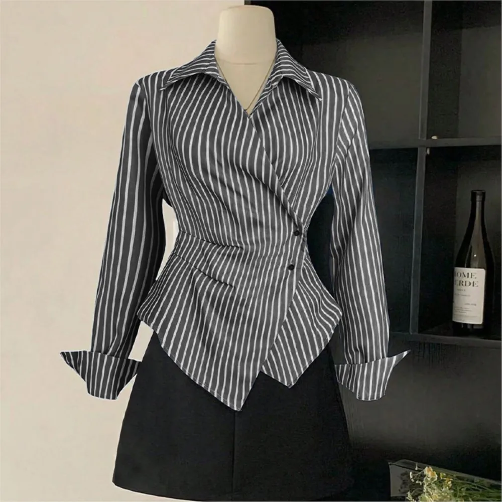 Loose Women's Shirts Fashionable Stripes Contrasting Colors Fit Daily Commuting Style Tops Long Sleeves Irregular Lapels Clothes