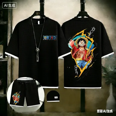 

Мужской комплект из двух предметов: футболка из вафельного трикотажа и шорты с принтом «Джолли Роджер» в стиле пиратов, аниме-костюм для уличной моды