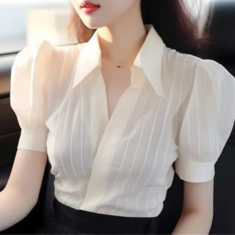 Fashion Sweet Summer New Blouses Solid Color Polo Collar Spliced Striped Button Short Sleeve Loose Korean Commute Women's Shirts