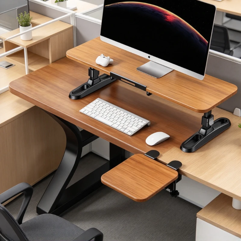 Solid Wood Monitor Riser, Foldable Adjustable Keyboard Tray, Waterproof Laptop Stand, Office Desk Screen Riser Base for Home Use