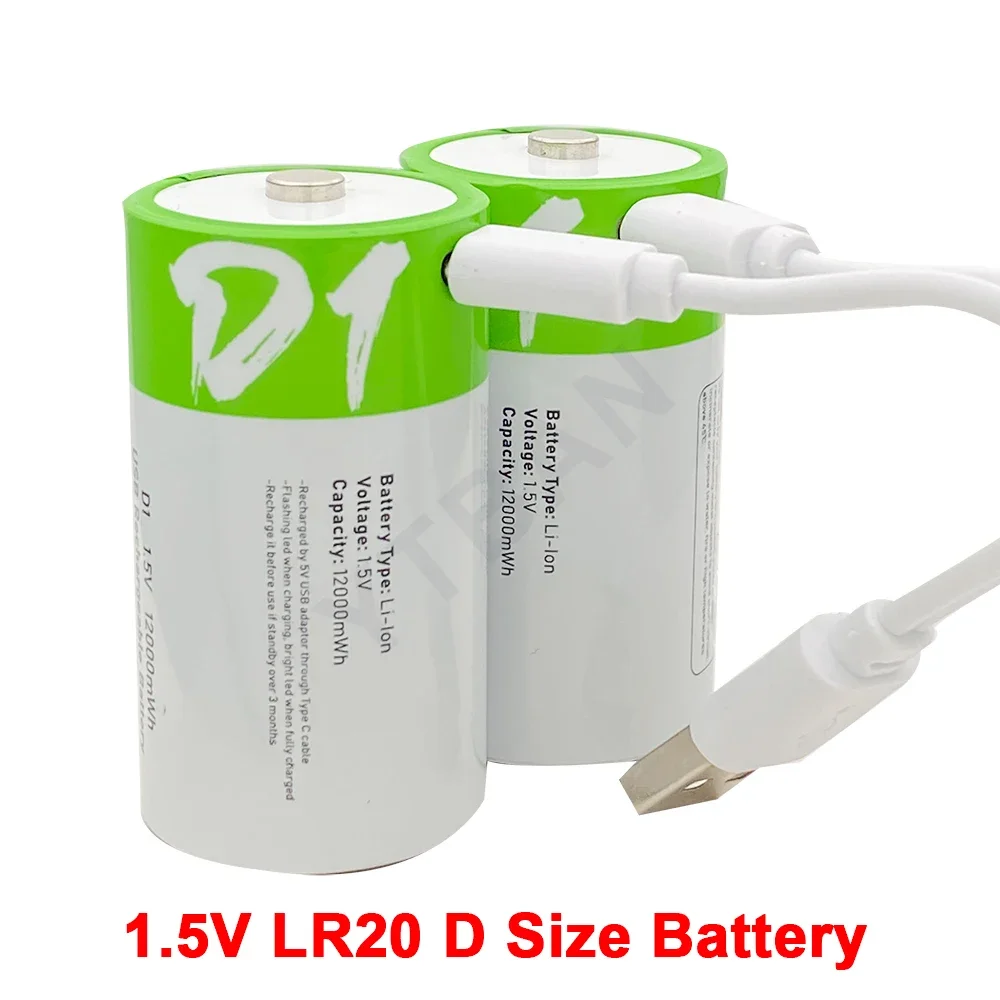 LR20 1.5V D 12000mWh Rechargeable Li-Ion Battery with Type-C Charging Cable for Flashlight Gas Stoves Water Heater Accessories