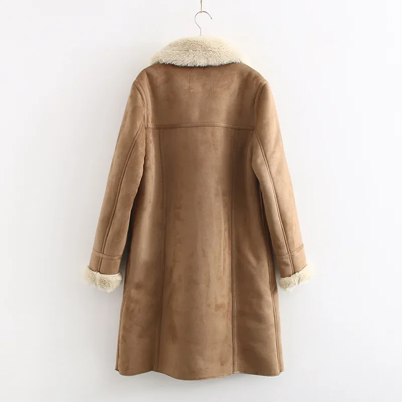 Winter Thick Warm Long Suede Jacket Parka Trench Faux Shearling Sheepskin Leather Lamb Fur Coat Vintage Female Overcoat Outwear