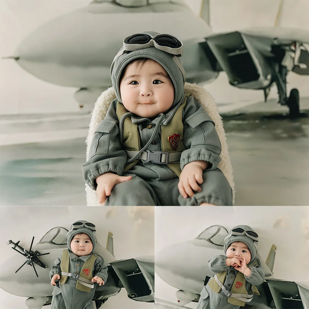 

Airman Theme Baby Boy Costume Long Sleeve Pilot Romper+Hat Aviator Cosplay Clothes Helicopter Fighter Studio Infant Photo Props