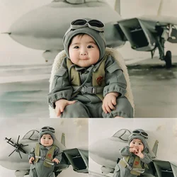 Airman Theme Baby Boy Costume Long Sleeve Pilot Romper+Hat Aviator Cosplay Clothes Helicopter Fighter Studio Infant Photo Props