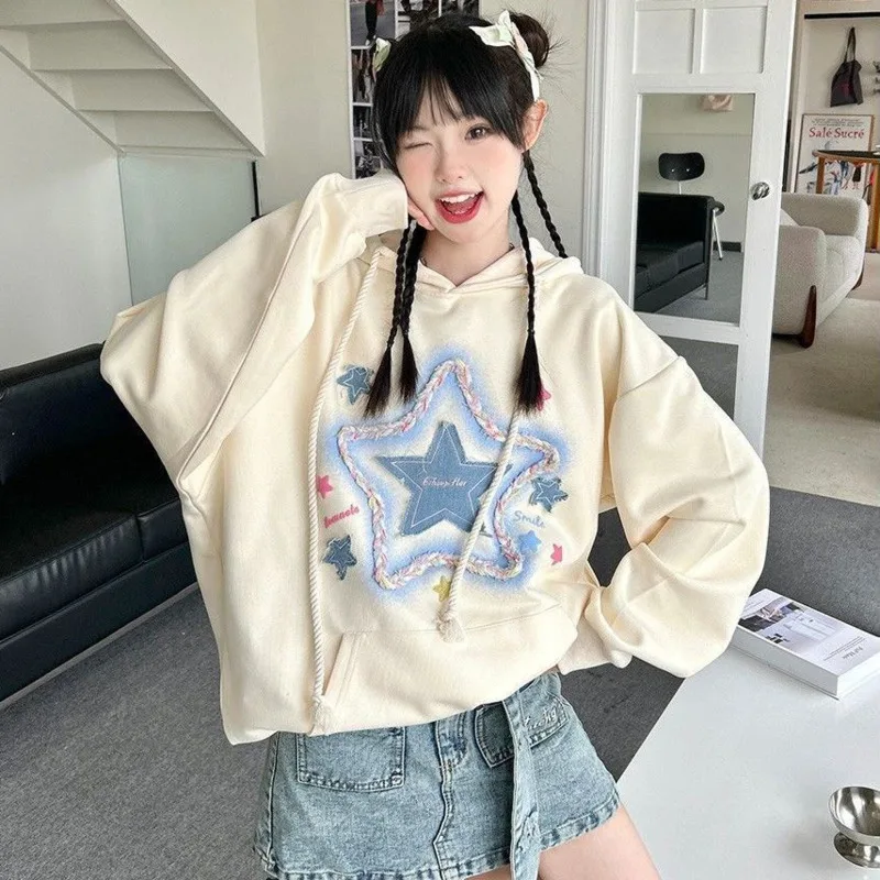 Starlight Demin Patchwork Hoodies Oversized Women Vintage Sweatshirt Y2K Streetwear Harajuku Hip Hop Punk Fashion Pullover Tops