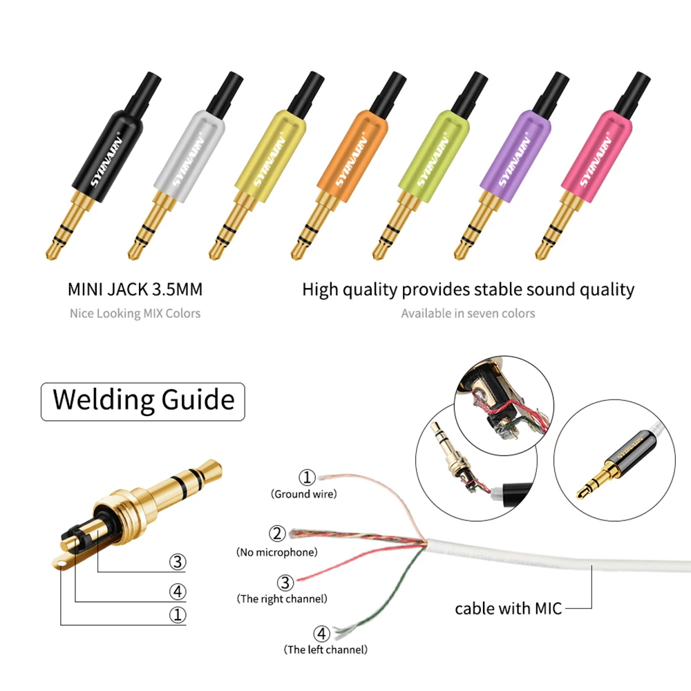 SYRNARN Replacement Jack 3.5 Plug 3.5mm 3 Pole Stereo Male Solder Type DIY Audio Gold Plated Connector for Earphone Cable Repair